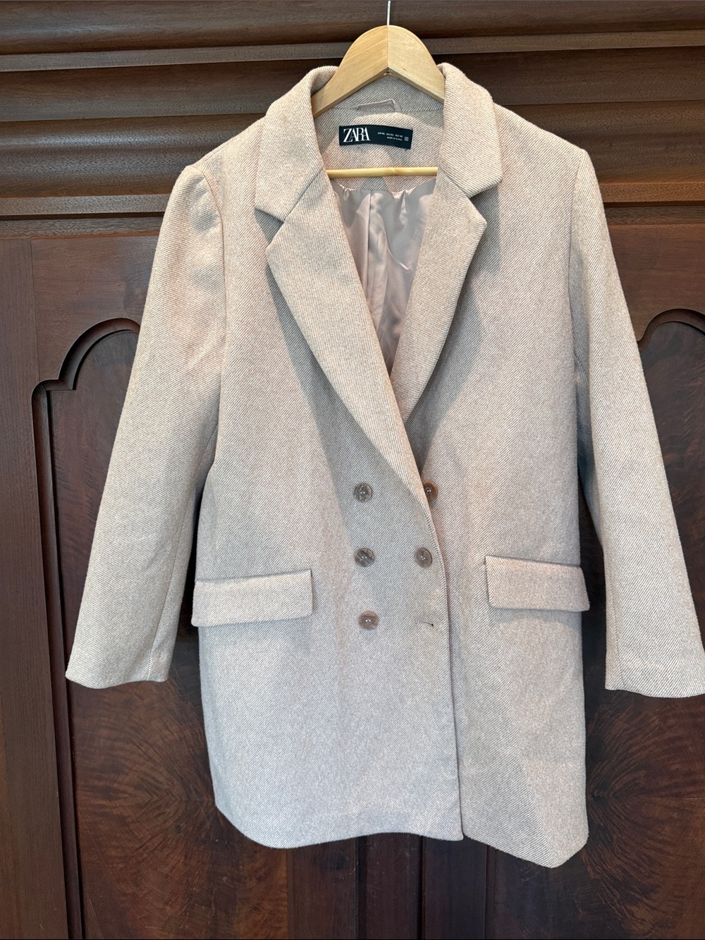 Zara Women's Light Pink Double-Breasted Wool-Blend Coat